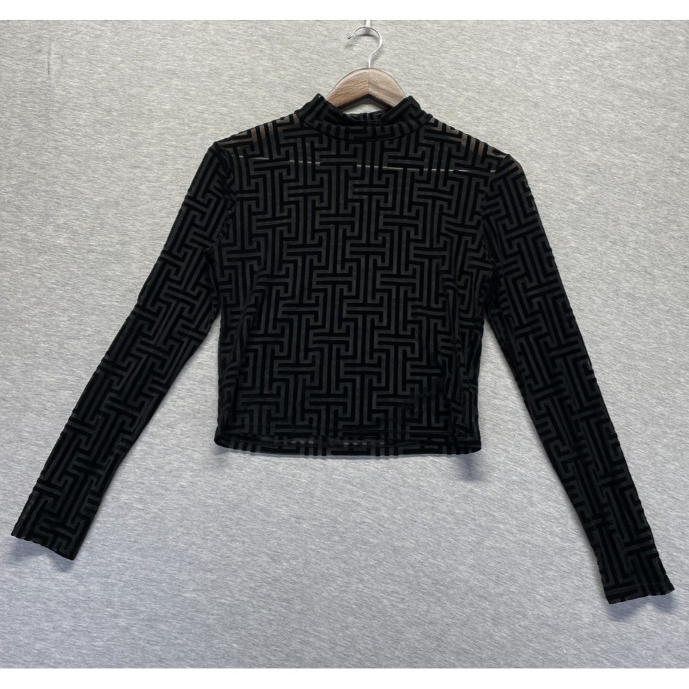 YMI Collections Velvet Cropped Top Womens Medium Black Geometric Print High Neck